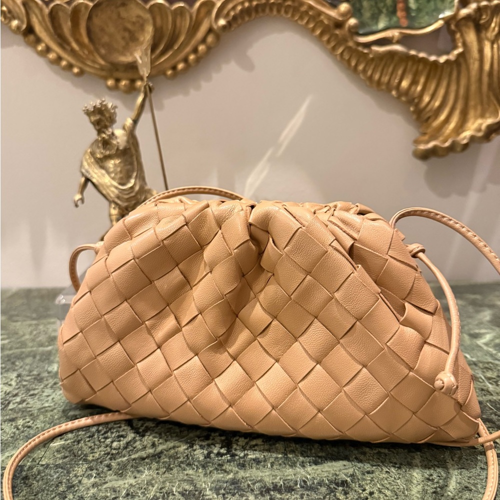Authentic Bottega Veneta Tan Woven mini The Pouch Leather Clutch